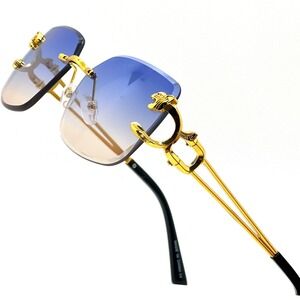 Blue Lens Gold Sunglasses Men Women Classy Sophisticated Metal Rimless Hip‎ Hop